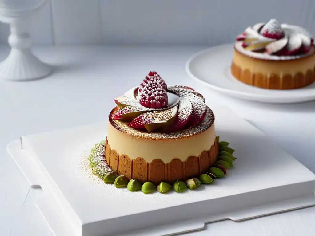 Delicado financier de pistacho y frambuesa en plato blanco, listo para saborear