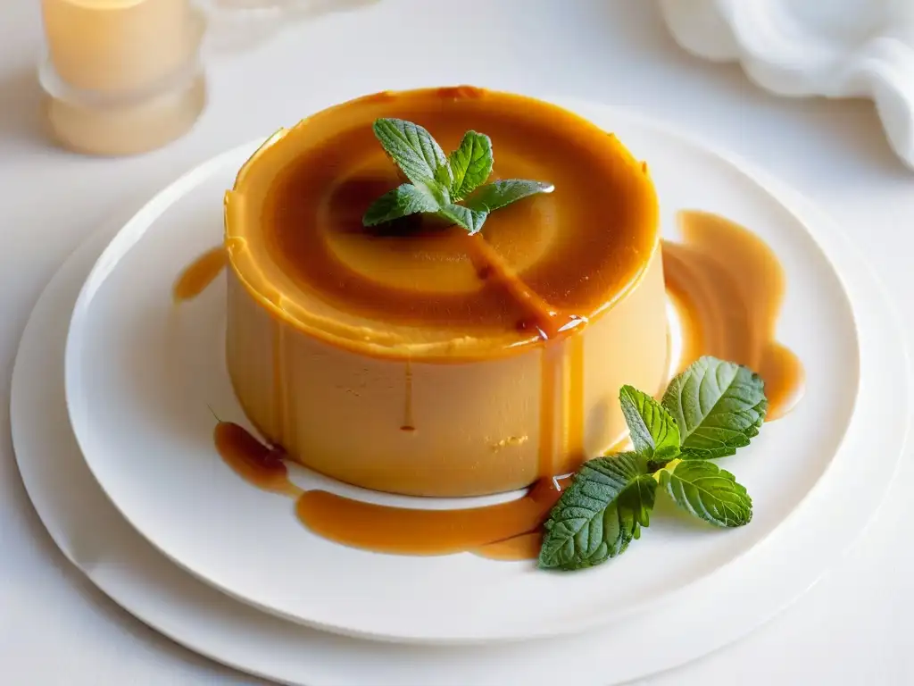 Delicado flan de calabaza caramelizado en plato blanco con toque de menta