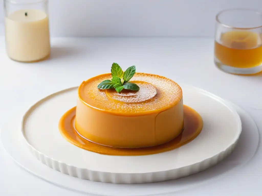 Delicado flan de calabaza cremoso en plato blanco moderno, decorado con caramelo dorado y menta fresca