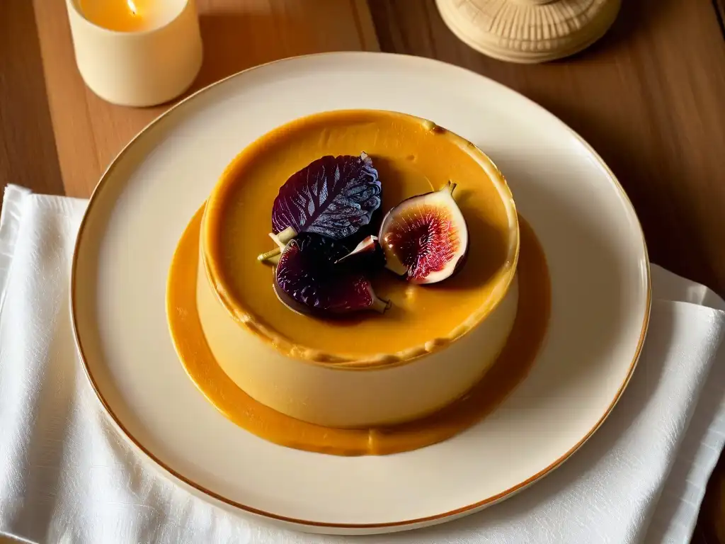 Delicado flan dorado en plato romano, con higo fresco, evoca la historia del flan en la Roma antigua