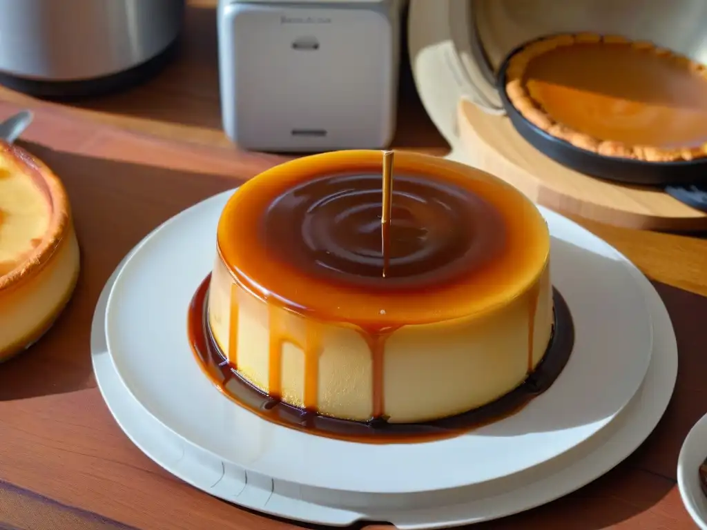 Delicado flan desmoldándose de una olla a presión tradicional, con caramelo brillante