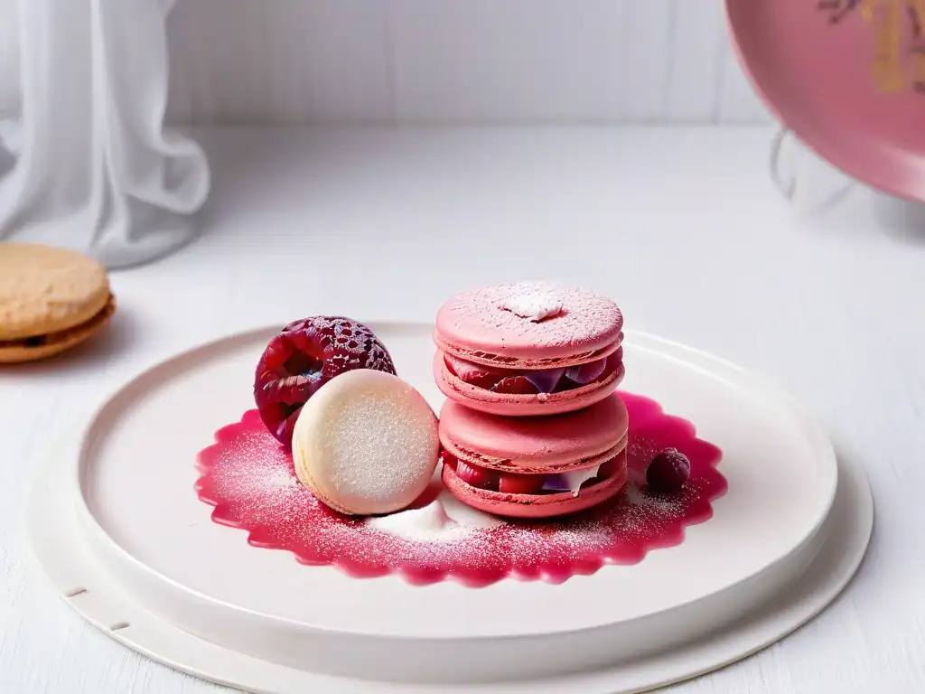 Delicado macaron de frambuesa en plato blanco, con patrones de colores pastel estilo impresionista