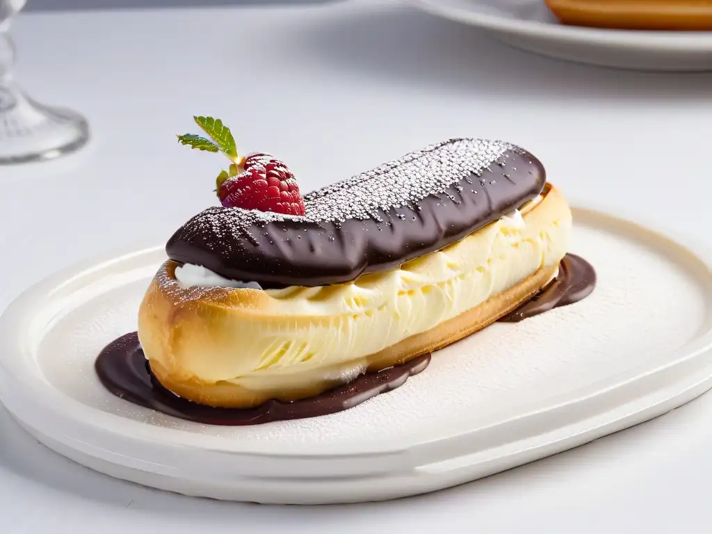 Delicado éclair francés con crema y ganache de chocolate, decorado con frambuesa