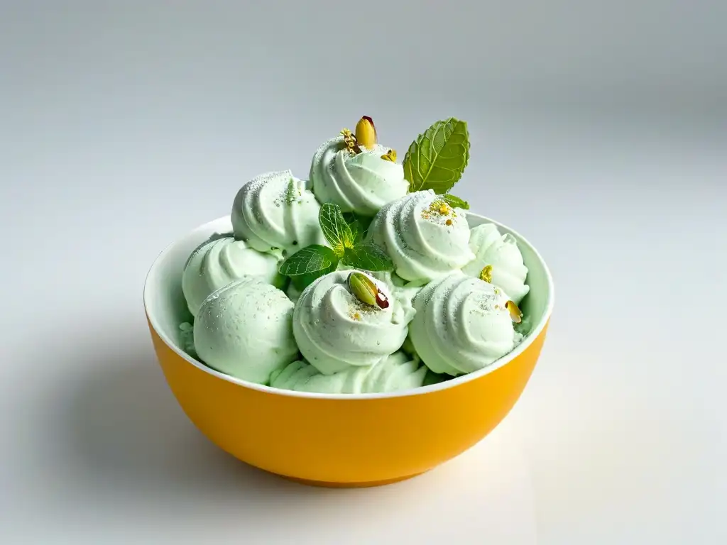 Delicado gelato artesanal casero con pistachos y menta en cuenco moderno blanco