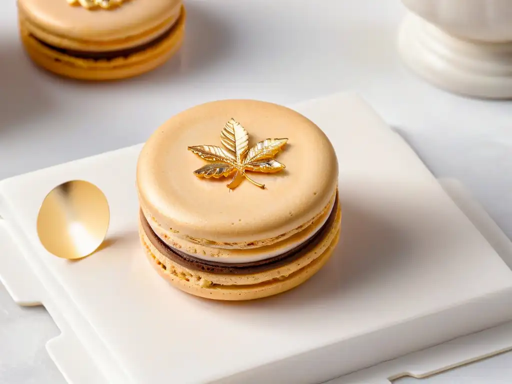 Delicado macaron sin gluten dorado con ganache y hoja de oro, en mármol blanco