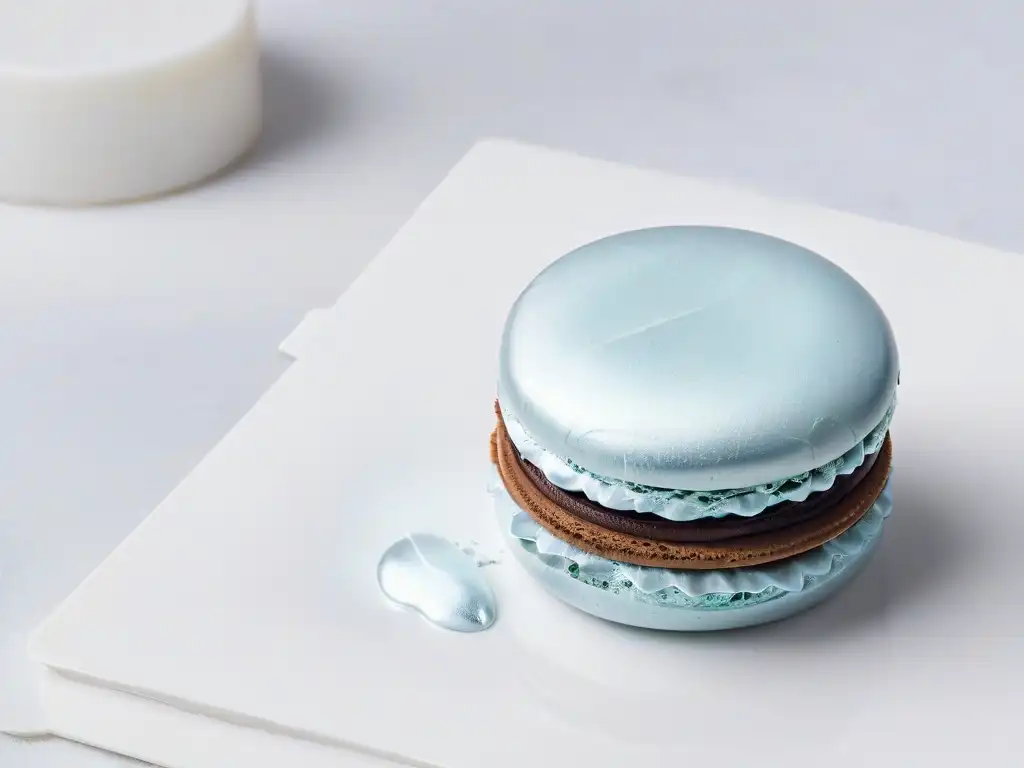 Delicado macaron sin gluten: perfectamente formado, con ganache suave y colores elegantes, sobre mármol blanco