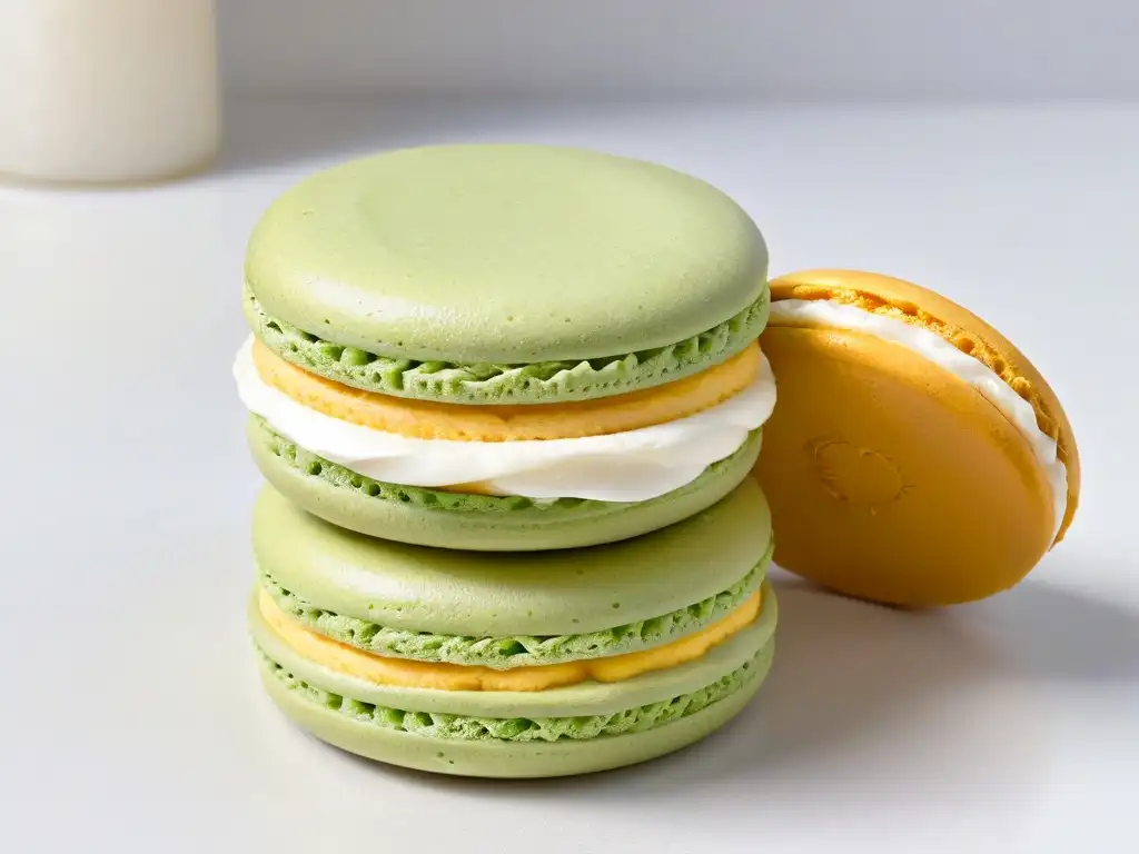 Delicado macaron sin gluten perfectamente horneado, con detalles y relleno exquisitos en un fondo blanco