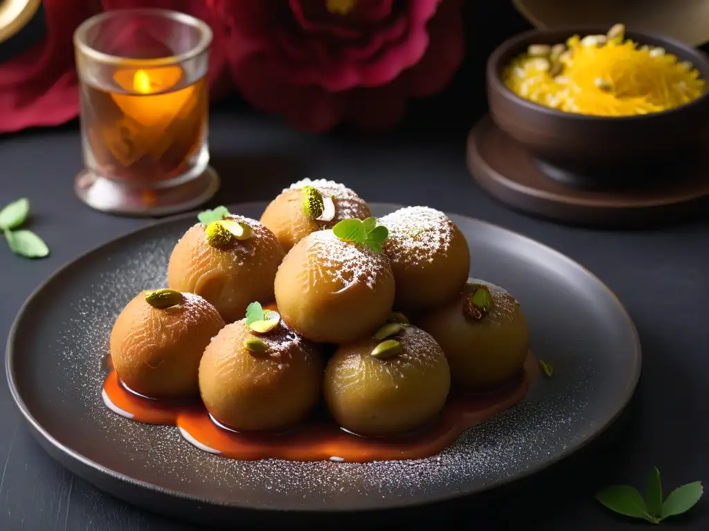 Delicado Gulab Jamun tradicional para Diwali, con pistachos y azafrán en fondo oscuro