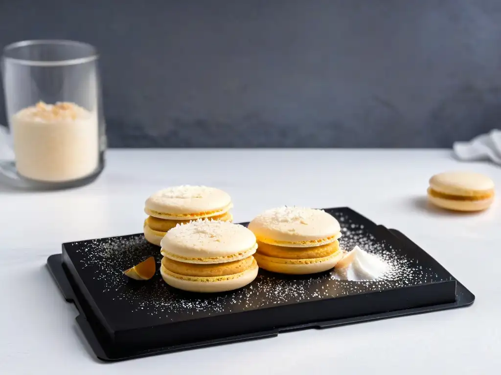 Delicado macaron de harina de almendra dorado con coco rallado, en un elegante plato negro