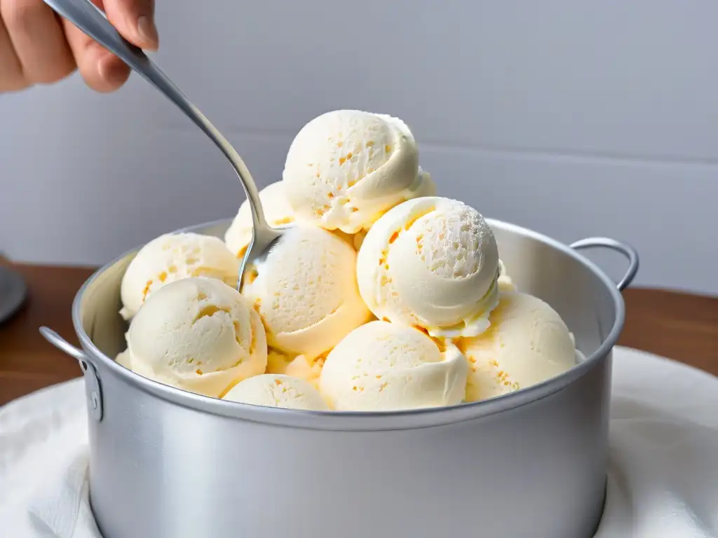 Delicado helado casero de vainilla con cristales de hielo, textura suave y cremosa