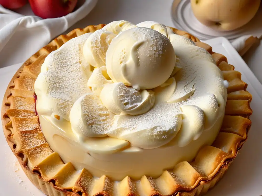 Delicado helado de vainilla sobre tarta de manzana caliente