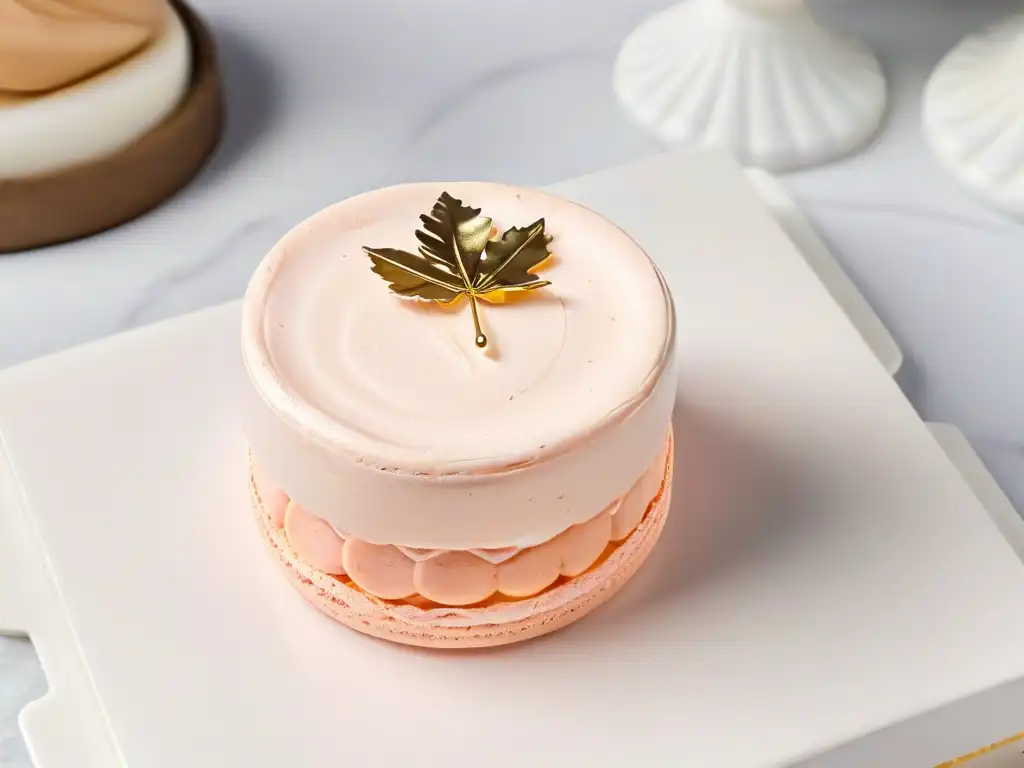 Delicado macaron rosa con hoja de oro sobre mármol, resaltando su elegancia