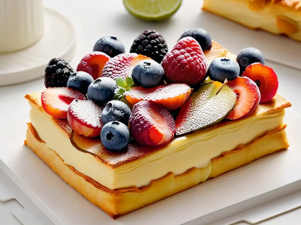 Delicado hojaldre dorado con crema y frutas vibrantes en renovada tarta