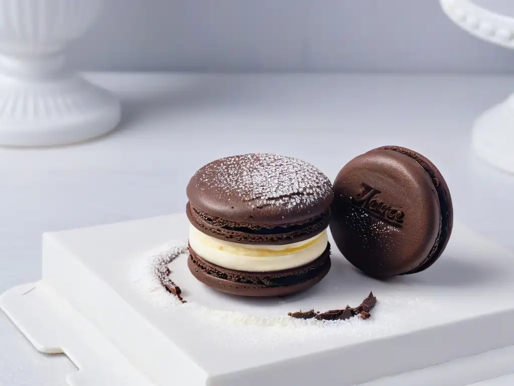 Exquisito macaron relleno de ganache en mármol blanco Delicado macaron perfectamente horneado en mármol blanco, con ganache y azúcar glas
