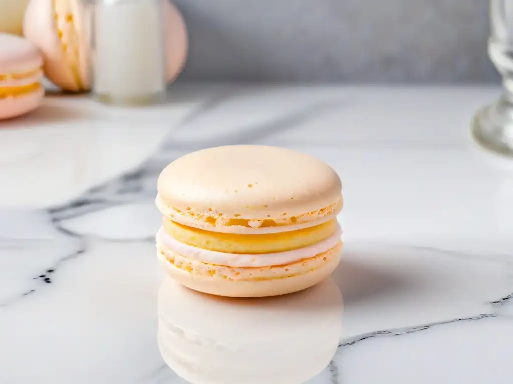 Delicado macaron horneado con detalle y color pastel, en encimera de mármol