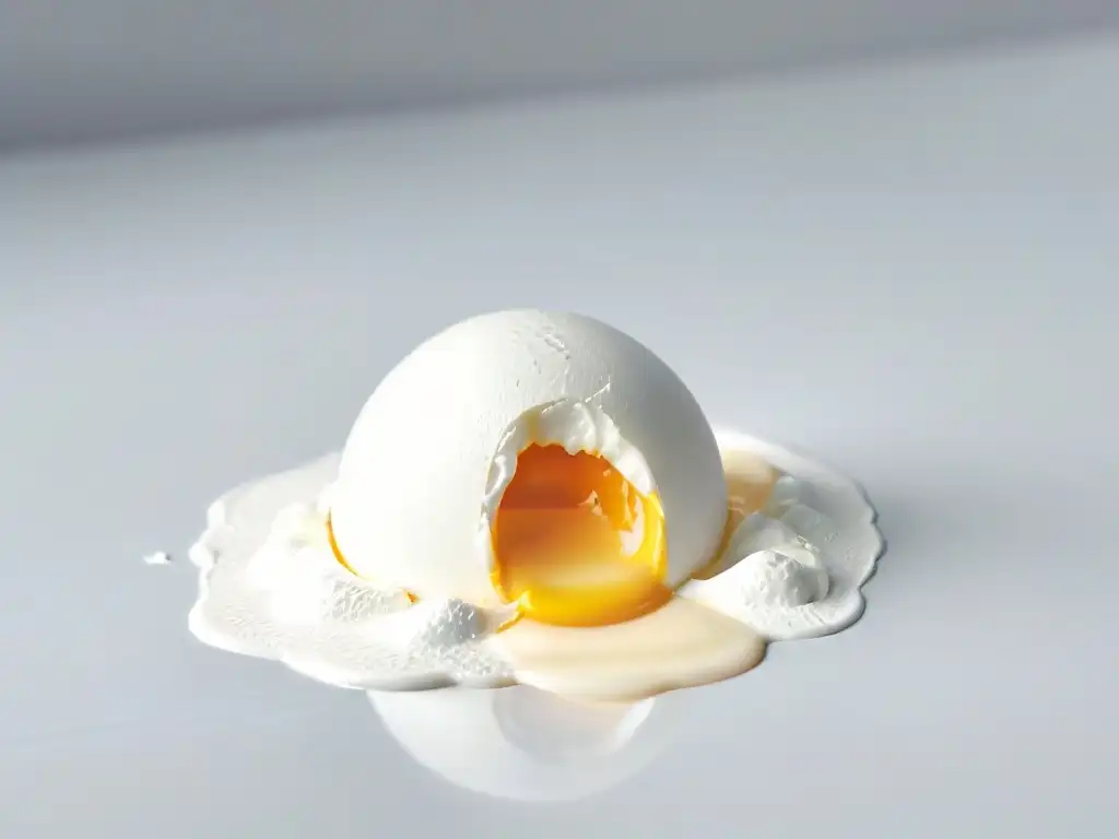 Delicado huevo abierto con yema y clara fresca derramándose en superficie blanca, resaltando la importancia de los huevos en repostería