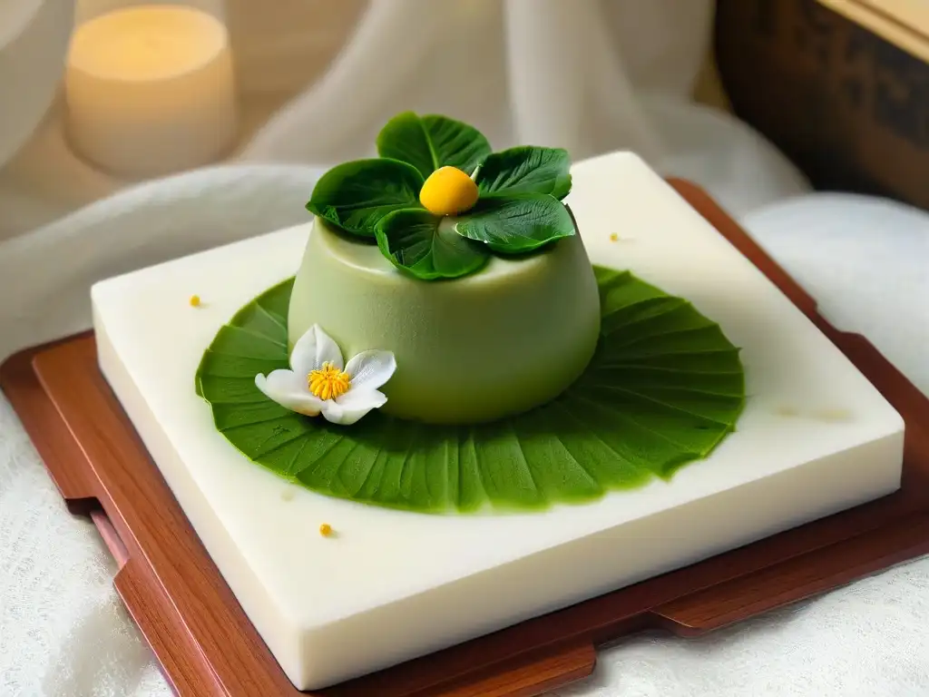 Delicado wagashi japonés de matcha en forma de flor de cerezo en plato blanco