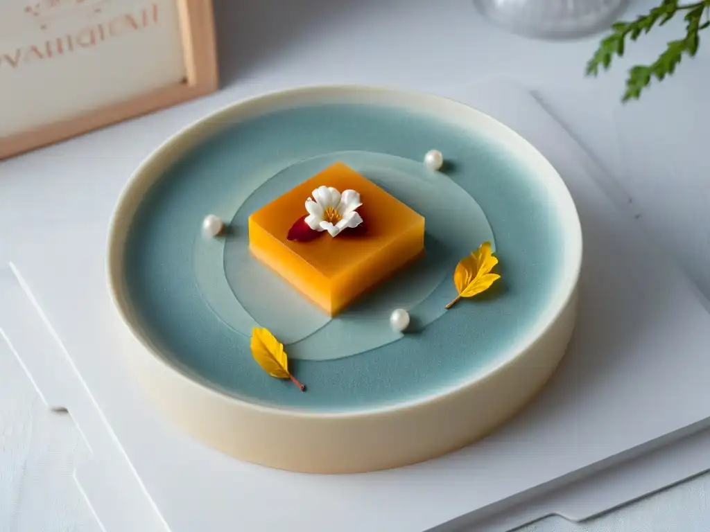 Delicado wagashi japonés en plato cerámico, perfecto para postres tradicionales en boda multicultural