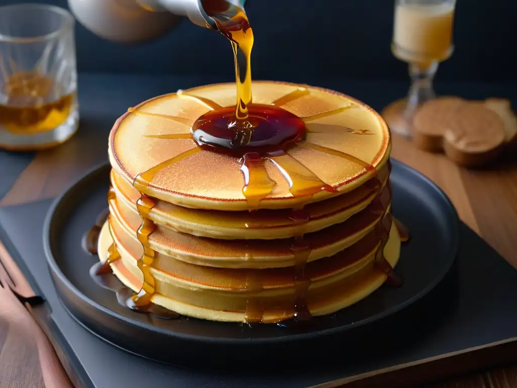 Delicado jarabe de arce dorado sobre esponjosas pancakes en plato negro