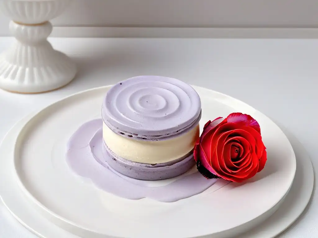 Exquisito macaron de lavanda con pétalo de rosa comestible en plato blanco Delicado macaron de lavanda con pétalo de rosa comestible en plato blanco