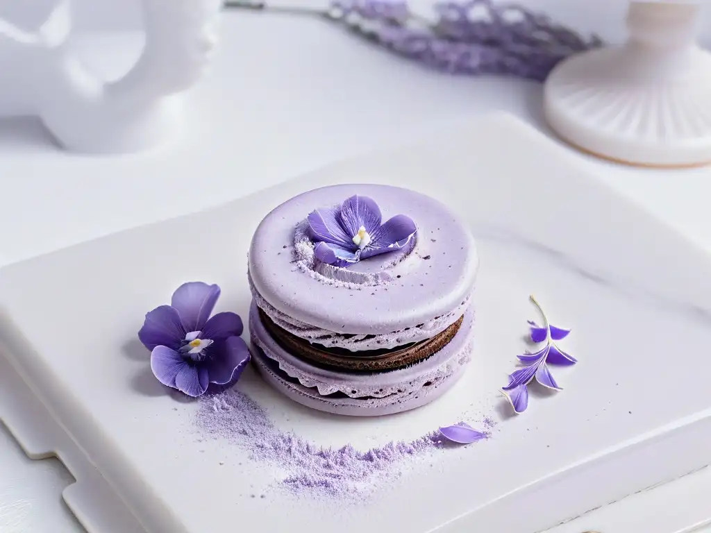 Delicado macaron de lavanda decorado con pétalos comestibles, sobre mármol moderno