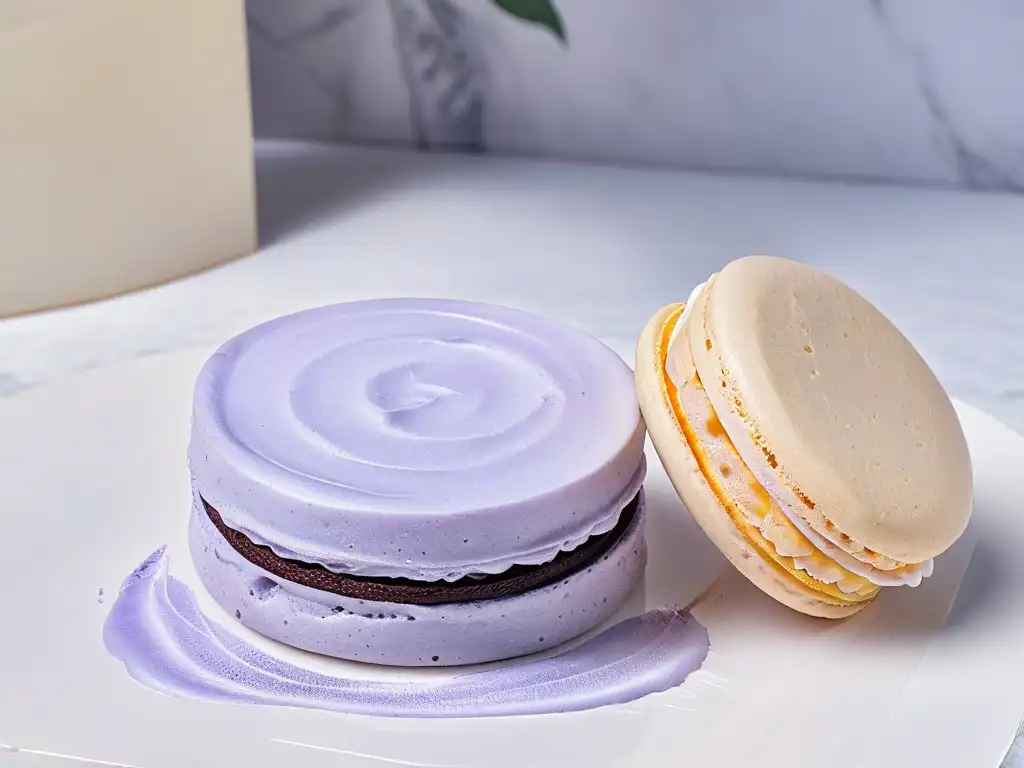 Delicado macaron de lavanda sobre encimera de mármol, combinaciones sorprendentes de repostería con hierbas