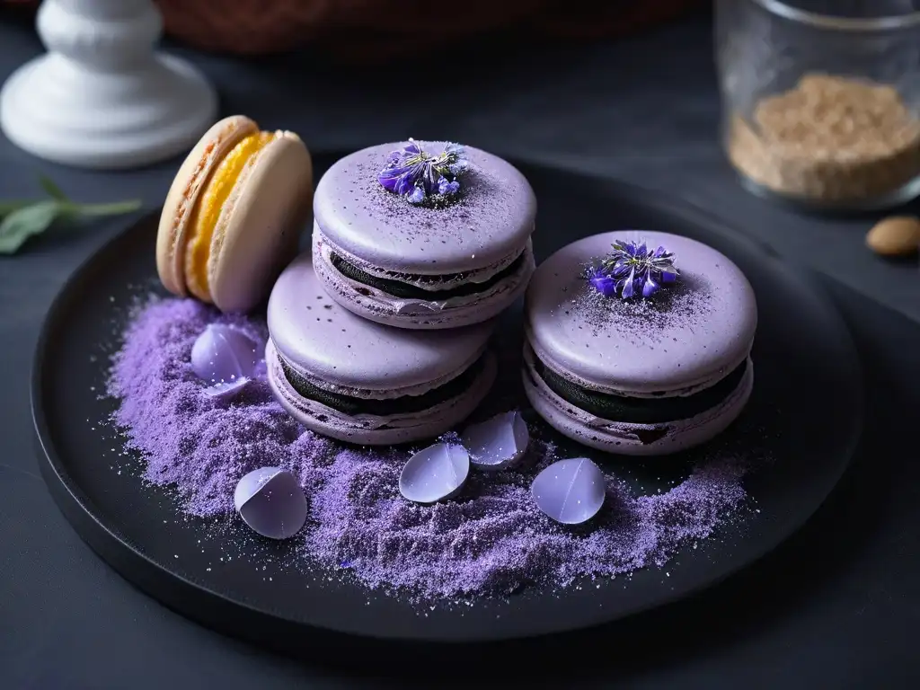 Delicado macaron de lavanda sobre plato negro mate, con toques de elegancia floral