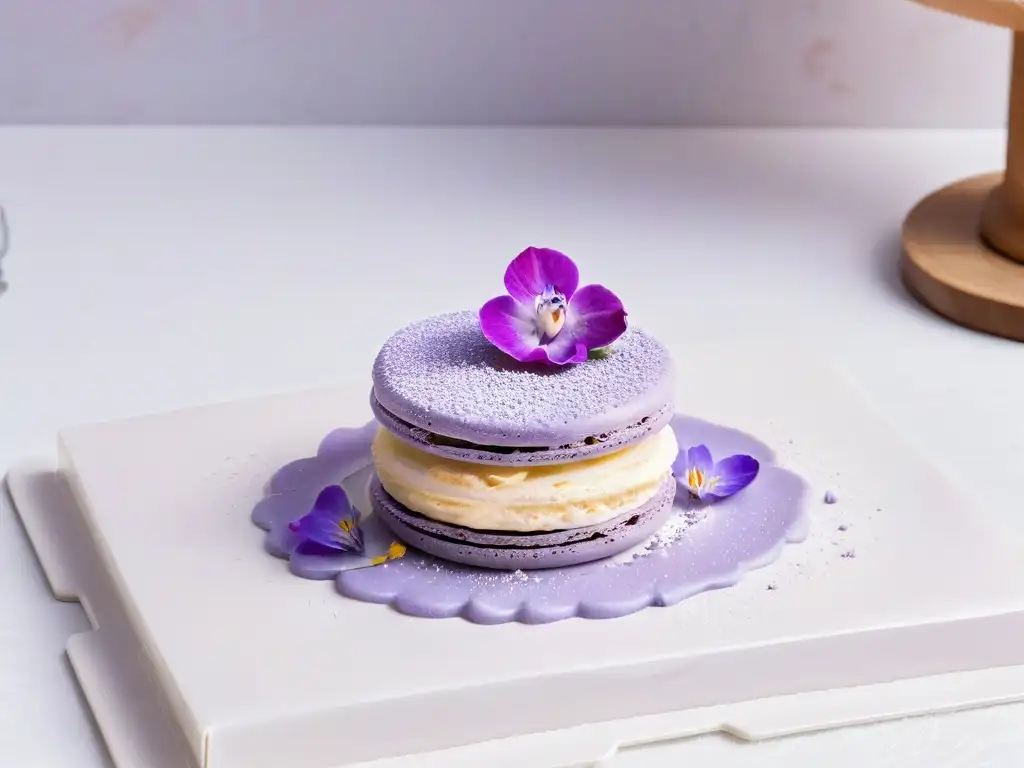 Exquisito macaron de lavanda con flores frescas Delicado macaron de lavanda rodeado de flores comestibles en una elegante presentación