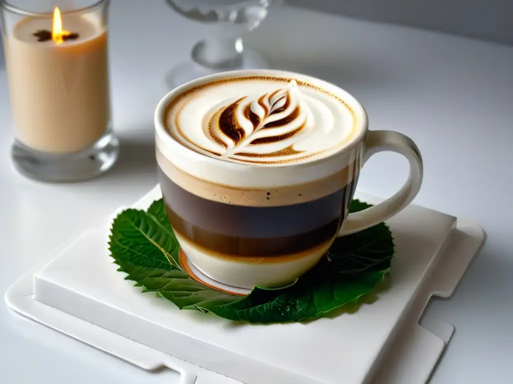 Delicado macchiato de café en saucer blanco brillante, beneficios café comercio justo postres