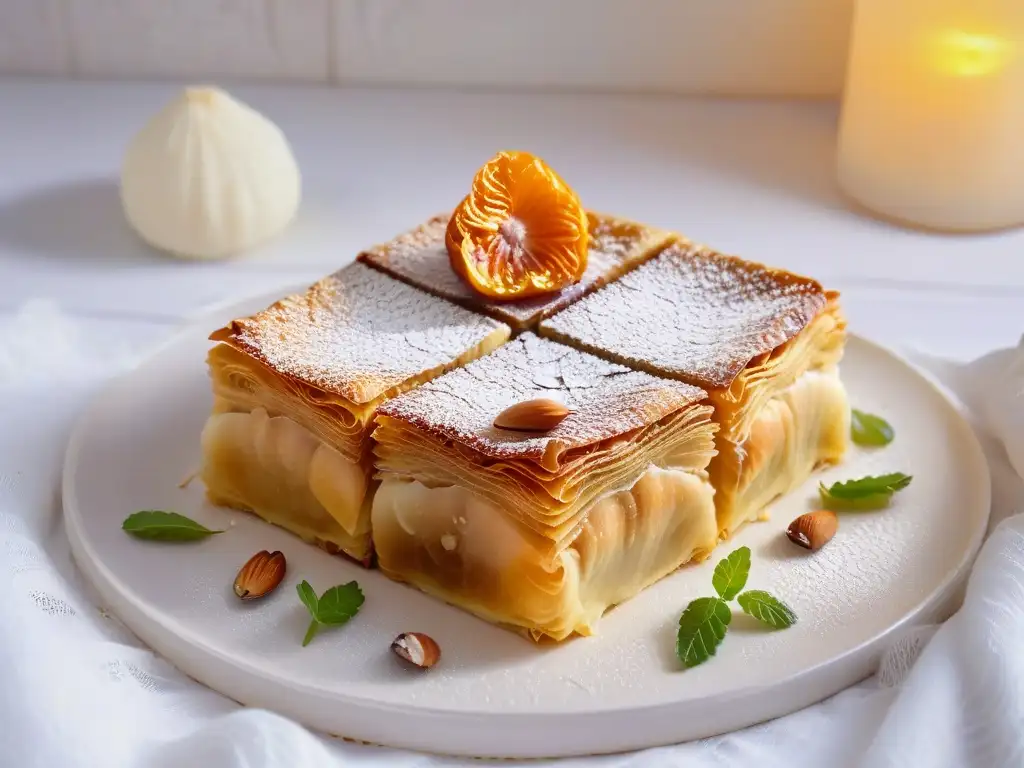 Delicado baklava marroquí en plato cerámico, con influencias árabes en postres, iluminado suavemente