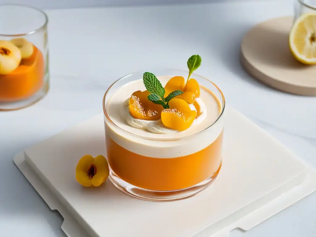 Delicado mousse de membrillo en copa de postre, decorado con fruta y menta en mármol moderno