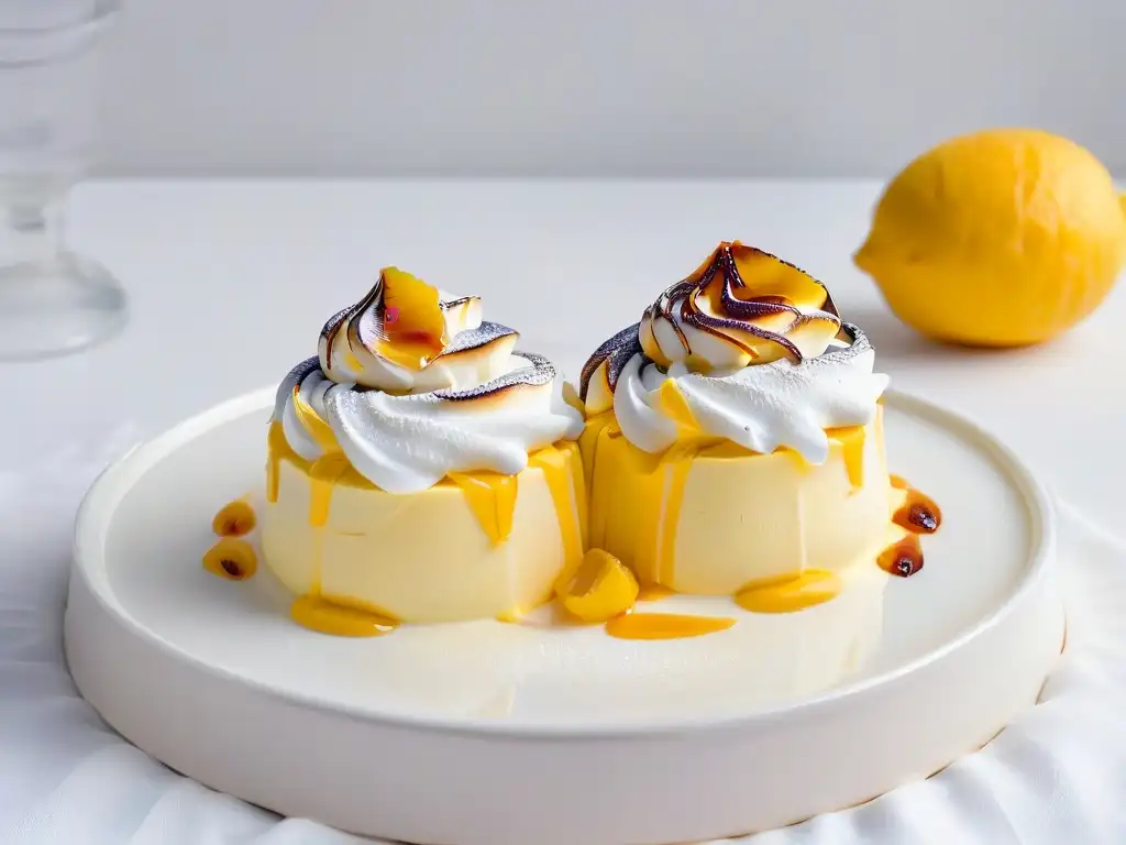 Delicado merengue dorado sobre crema de limón en copa de postre