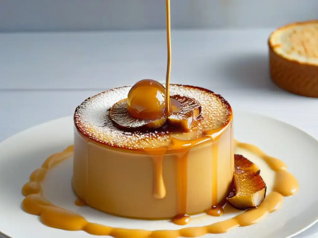 Un delicado drizzle de miel dorada sobre un crème brûlée perfectamente caramelizado, capturando el momento antes de tocar el postre