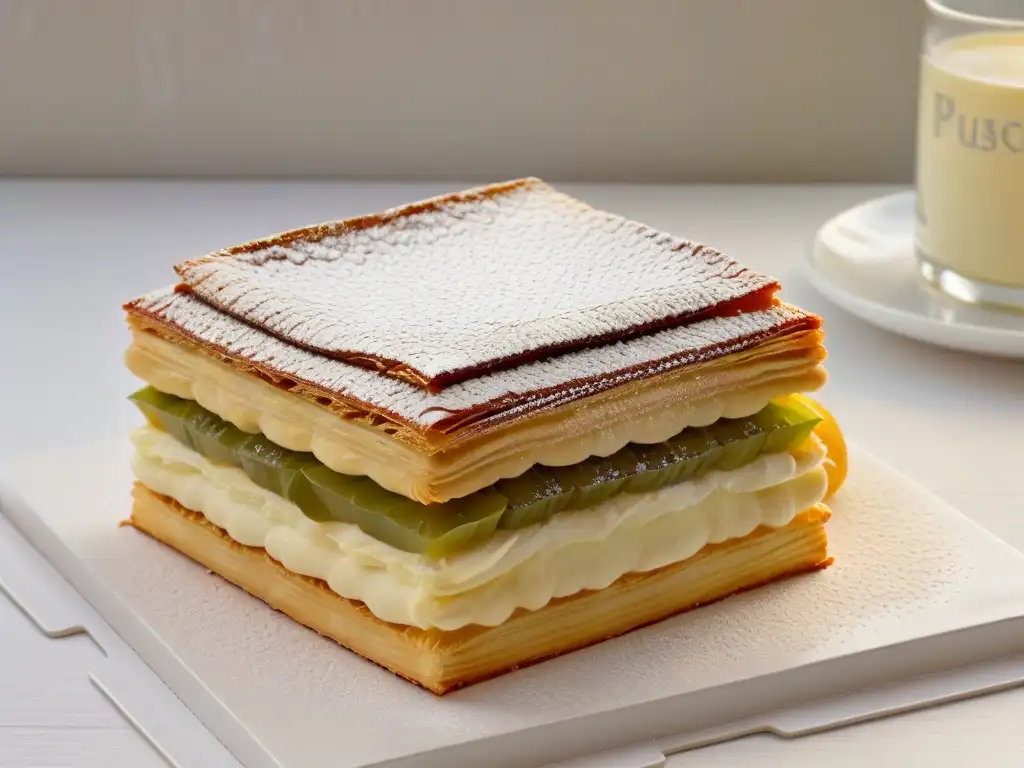 Delicado milhojas parisino con crema de vainilla y azúcar glas, en un ambiente acogedor de café