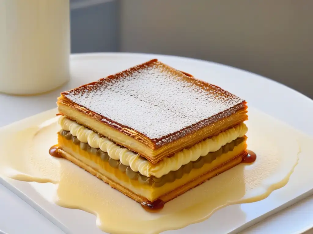 Delicado millefeuille con capas doradas y brillantes de crema de vainilla, destacando la repostería de revistas digitales tendencias