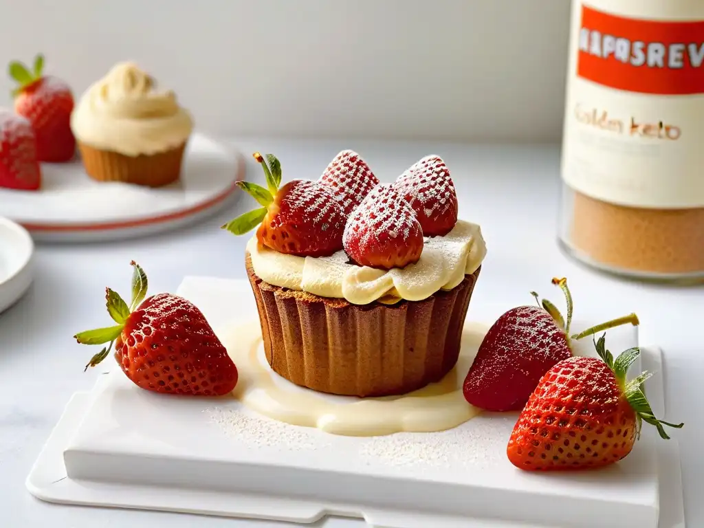 Delicioso muffin keto de almendra con fresas y sombra de mañana Delicado muffin keto de almendra con fresas, sombreado por la luz de la mañana en mármol blanco