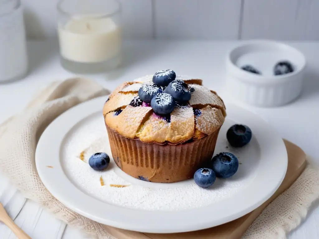 Delicado muffin sin azúcar de arándanos en plato blanco con patrón floral