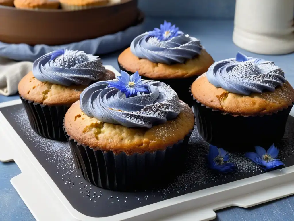 Delicado muffin de maíz azul horneado a la perfección con pétalos de flor de maíz, en plato negro