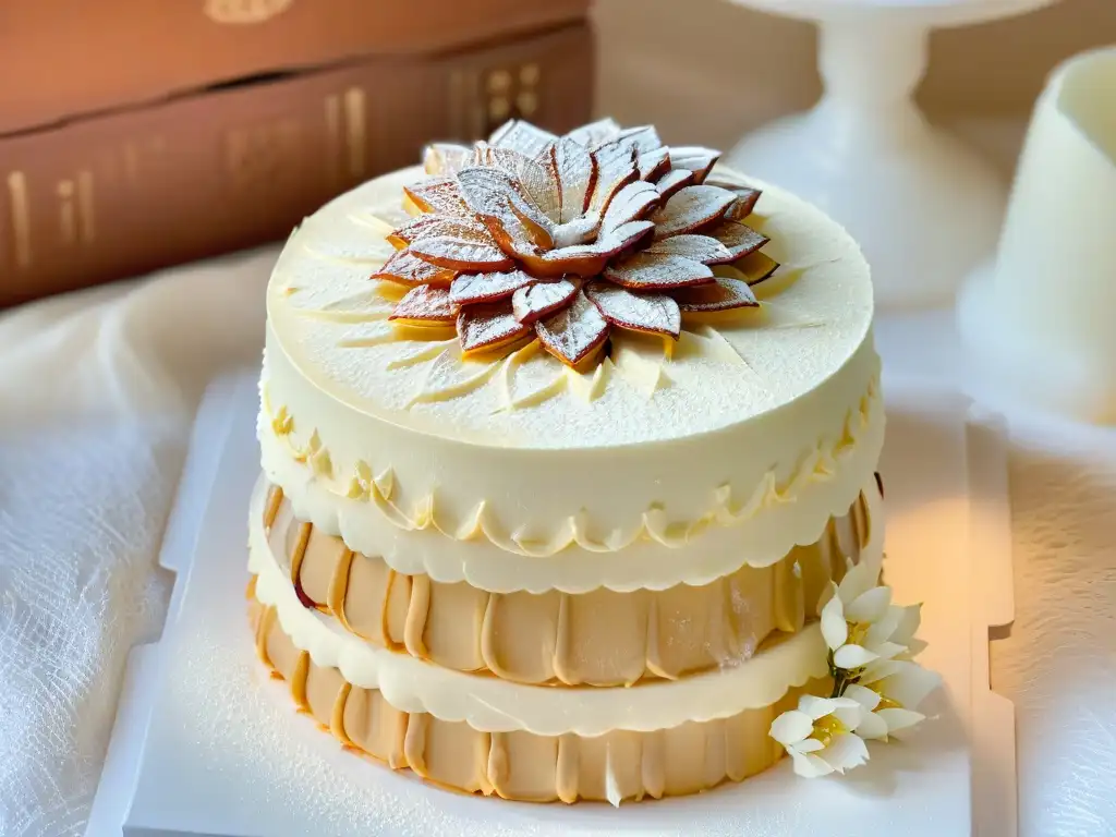 Delicado Kransekake Noruego apilado y decorado con flores blancas