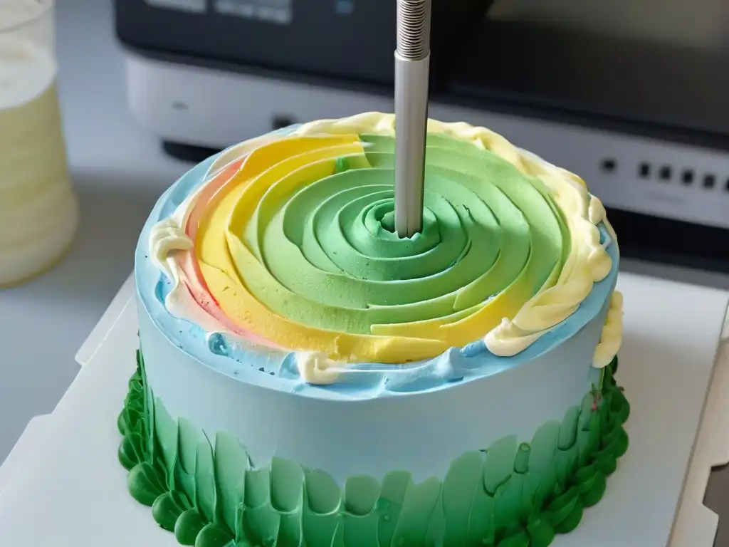 Un delicado nozzle de impresora 3D decorando una tarta con remolinos de frosting colorido