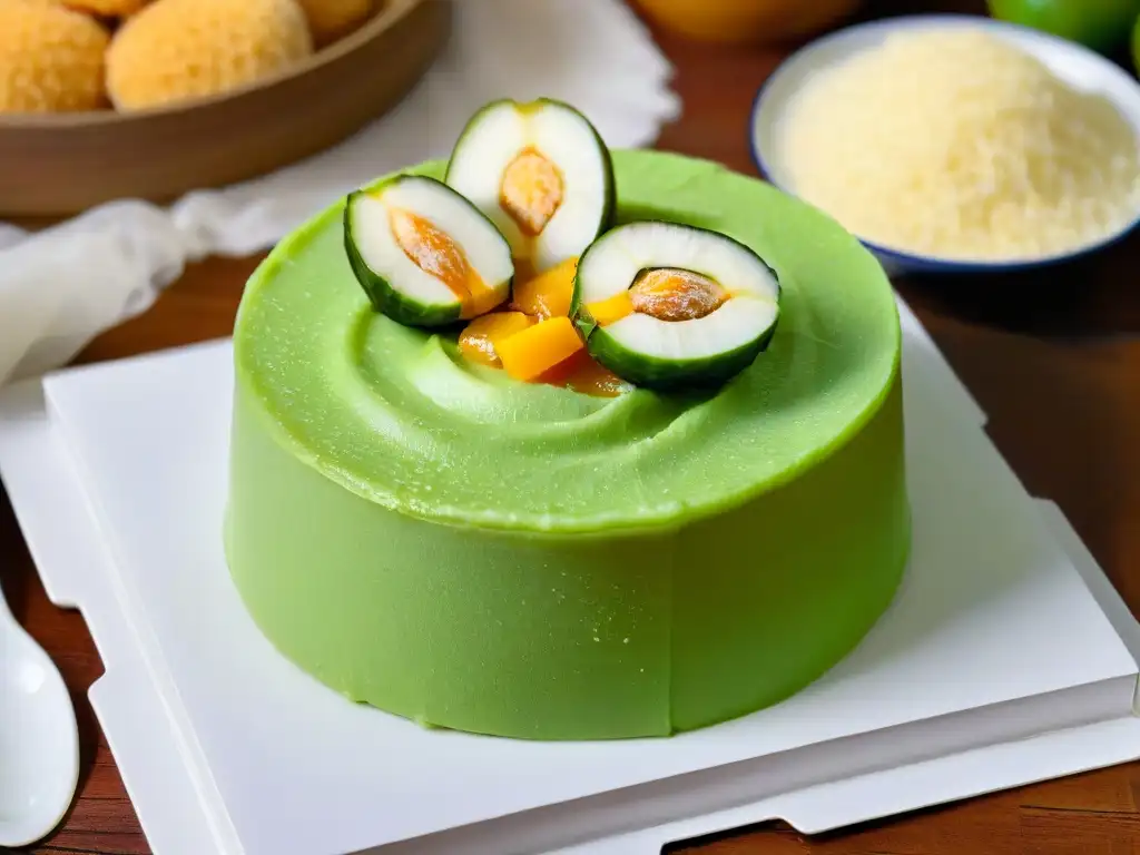 Delicado klepon de palma dulce, con cáscara de arroz verde pandan y relleno líquido brillante