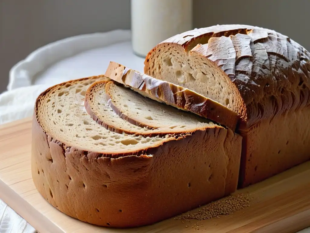 Delicado pan de centeno recién horneado con harina de centeno para pan espolvoreada, crustáceo dorado y textura suave