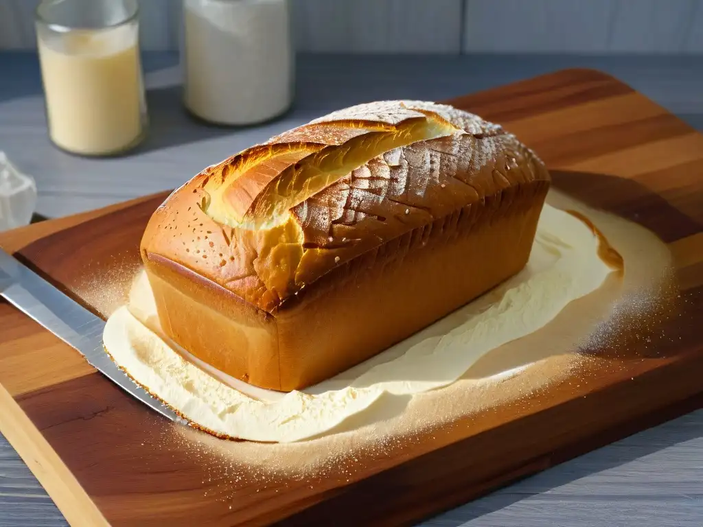 Delicado pan sin gluten dorado en tabla de madera, con corteza texturizada y harina