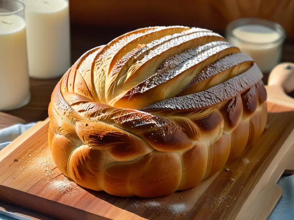 Delicado pan recién horneado, trenzado y cubierto con harina, resalta la importancia del gluten en repostería