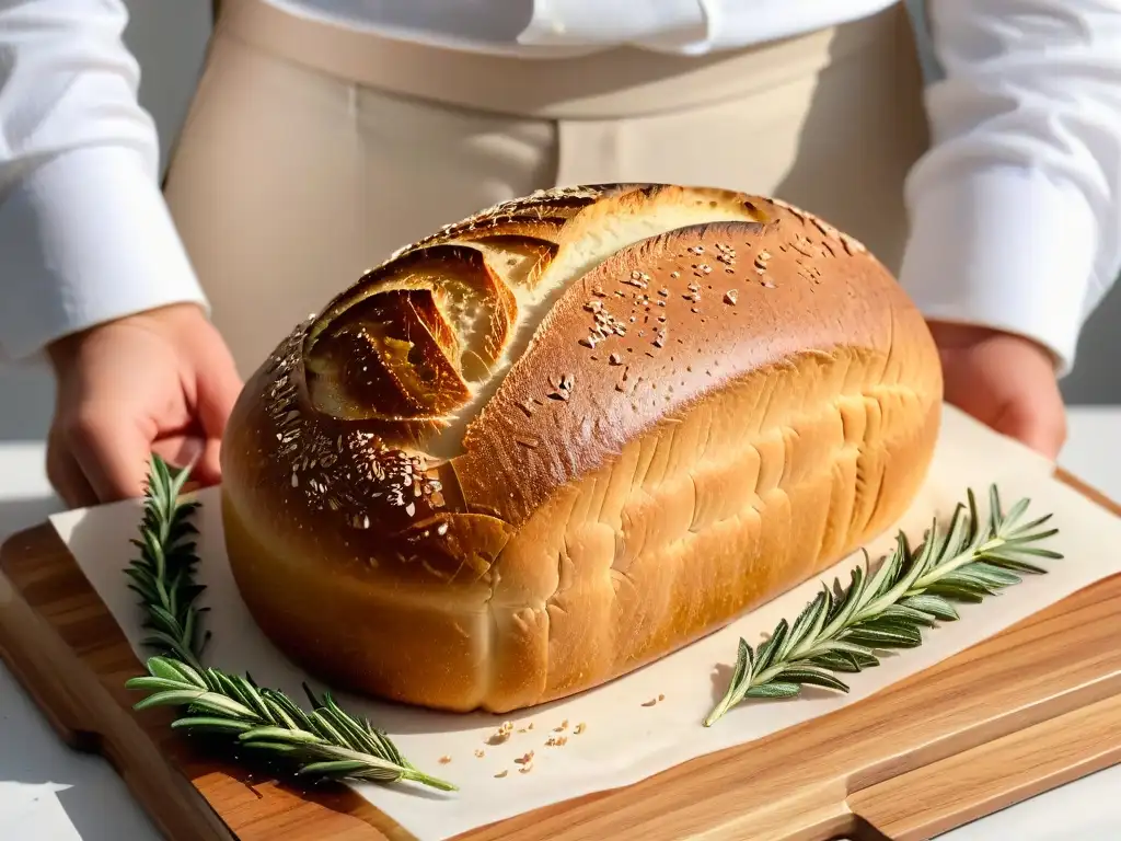 Delicado pan de masa madre con estructura aireada, granos y romero fresco