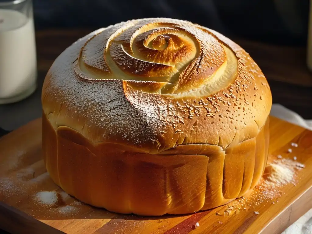 Delicado pan de masa madre con corteza dorada en tabla de madera, destacando la artesanía de la panadería artesanal