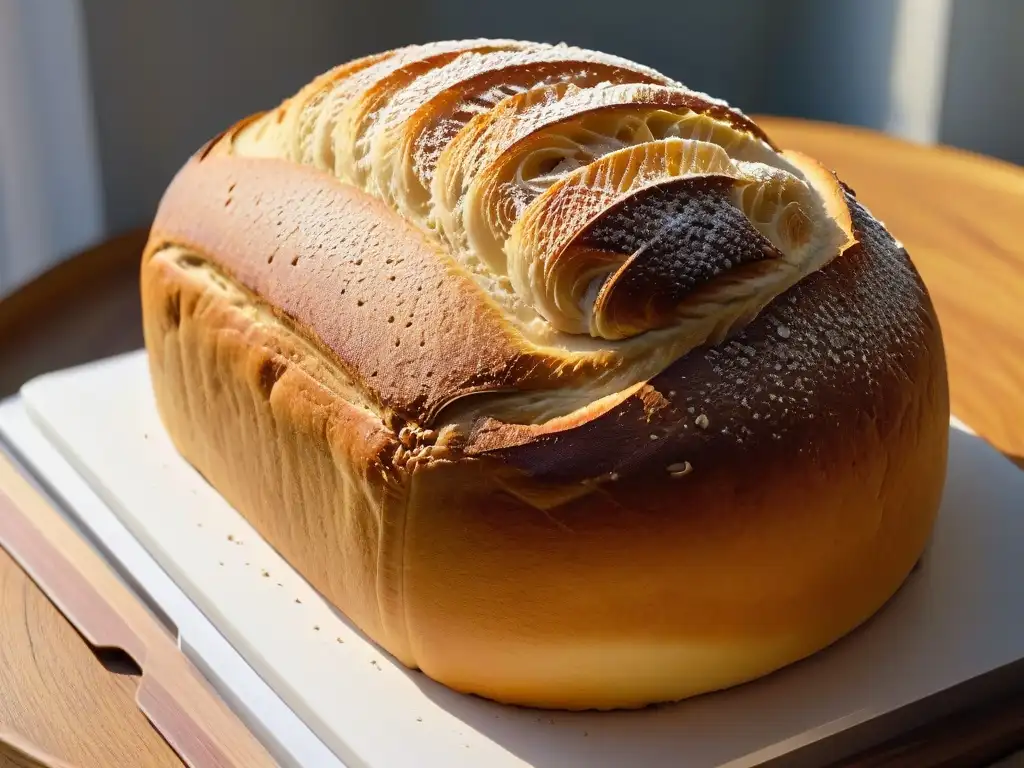 Delicado pan de masa madre, horneado a la perfección, con red de burbujas de aire en la miga y costra dorada brillante bajo luz suave