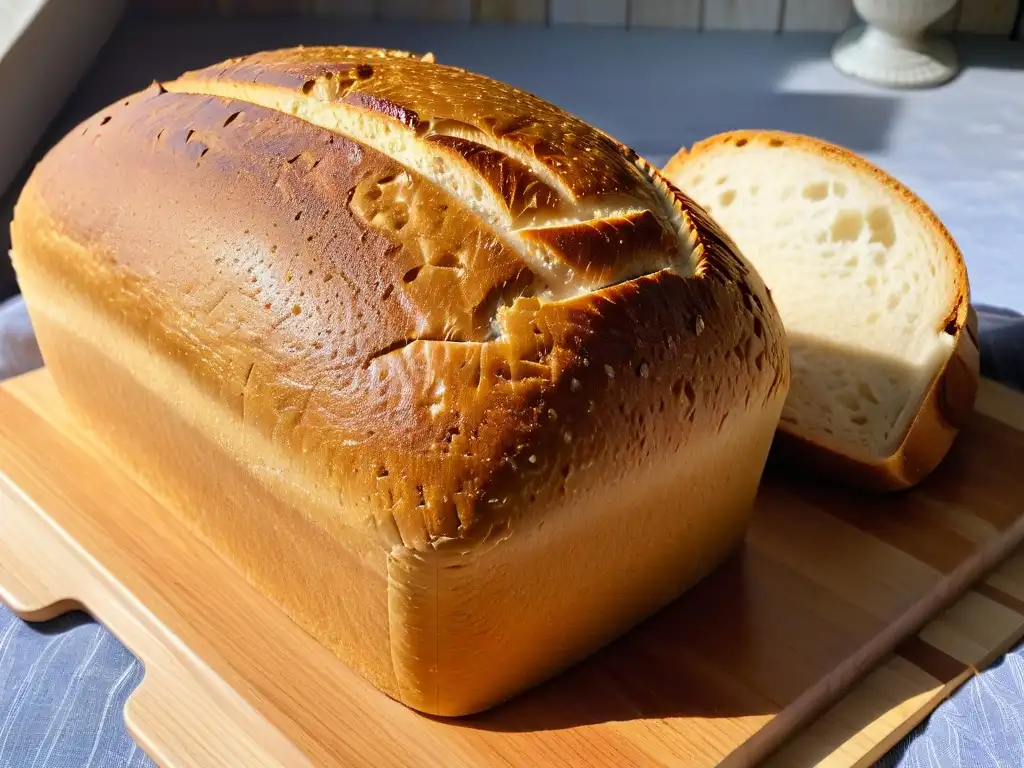 Pan de masa madre vegano recién horneado en detalle Delicado pan de masa madre vegano, recién horneado y enfriándose en tabla de corte de madera, iluminado suavemente, con estructura esponjosa
