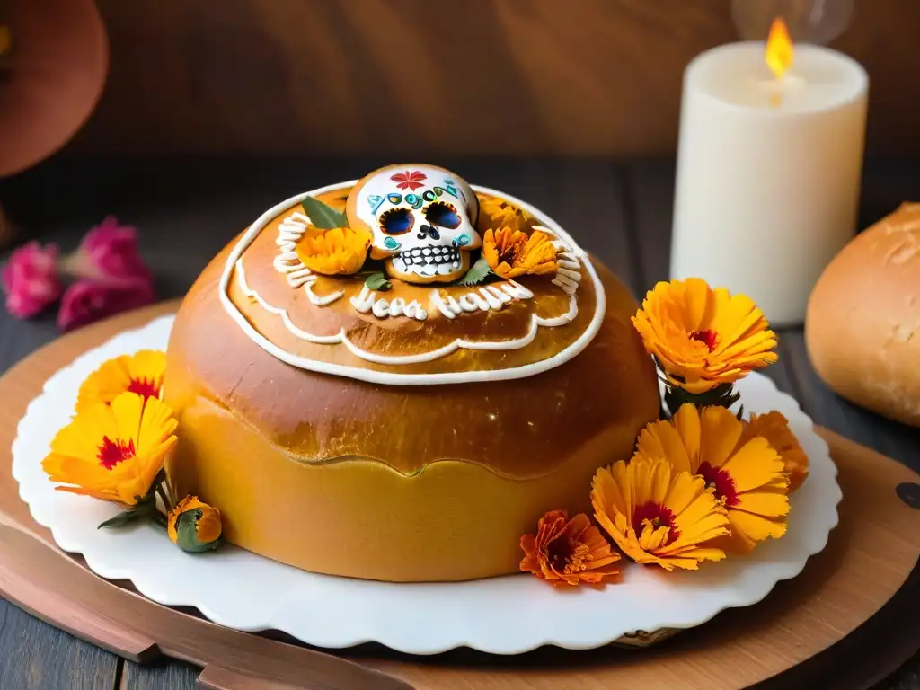 Un delicado Pan de Muerto dorado con calaveras de azúcar y flores, simbolizando el significado del pan de muerto en una mesa rústica