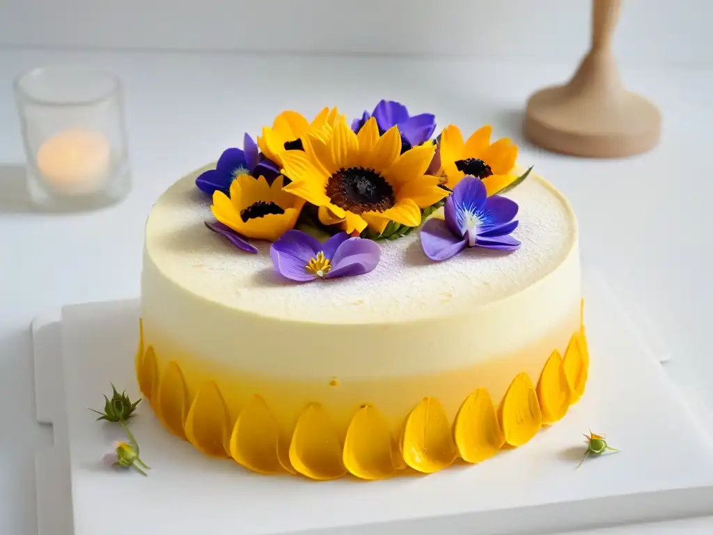 Delicado pastel de aceite de girasol con flores comestibles, iluminado con luz natural